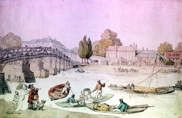 Hampton Bridge med punter og pramme (wc) af Thomas Rowlandson