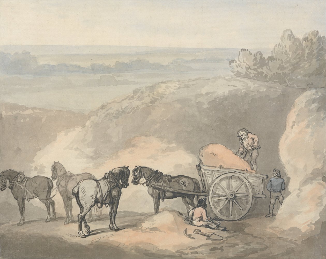 Heste og en vogn ved en sandkasse af Thomas Rowlandson
