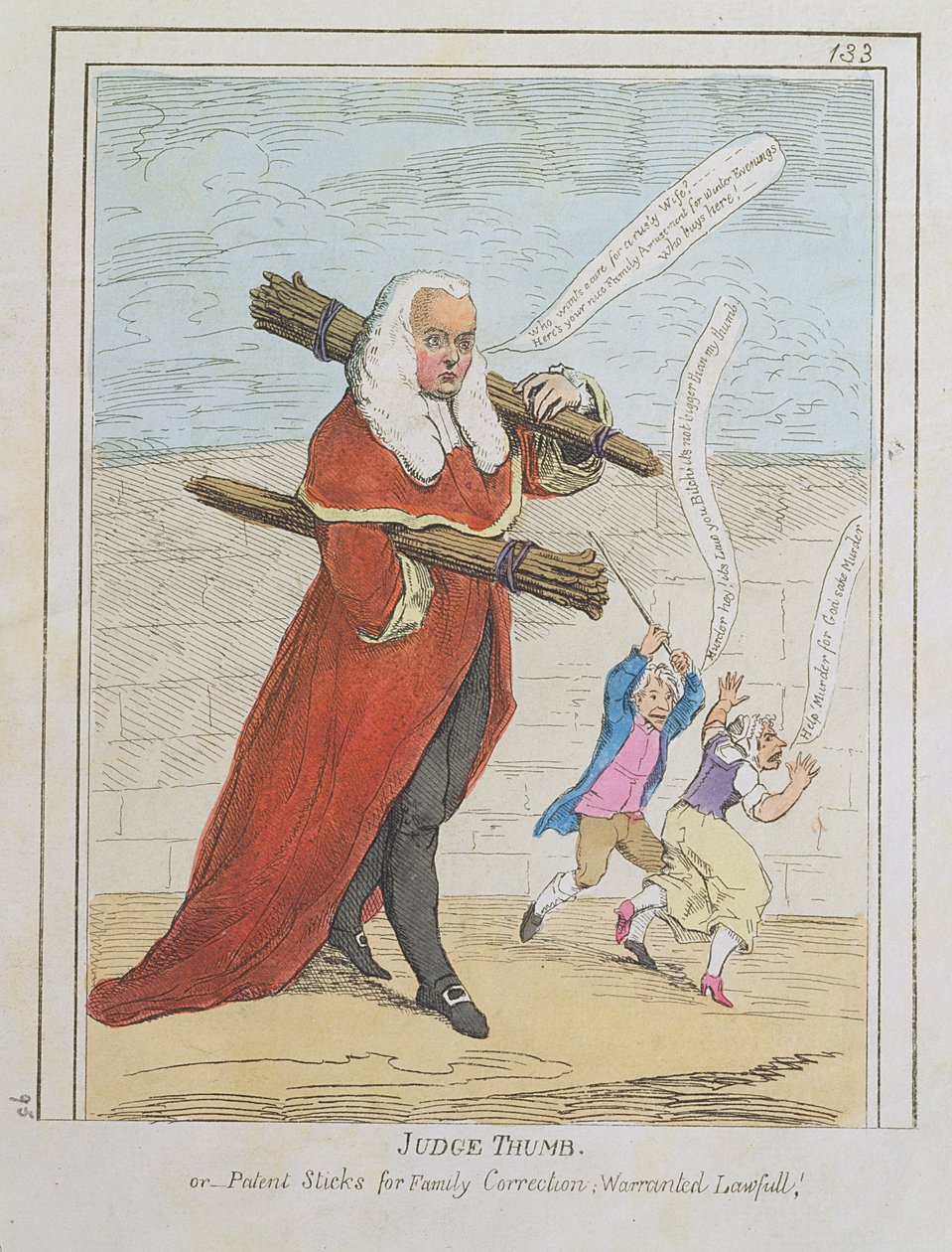 Dommer tommelfinger - eller patentstikker til familiekorrektion; Warranted Lawfull, tegneserie af Judge Butler, fra Rowlandsons Caricature Magazine, Vol. II, pub. af Thomas Tegg, ca. 1782 (tryk) af Thomas Rowlandson
