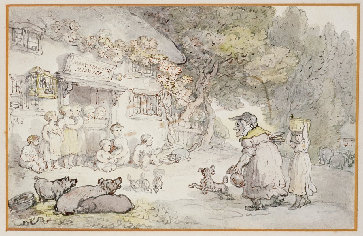 Mary Spriggens, Jordemoderen (wc, pen og blæk) af Thomas Rowlandson