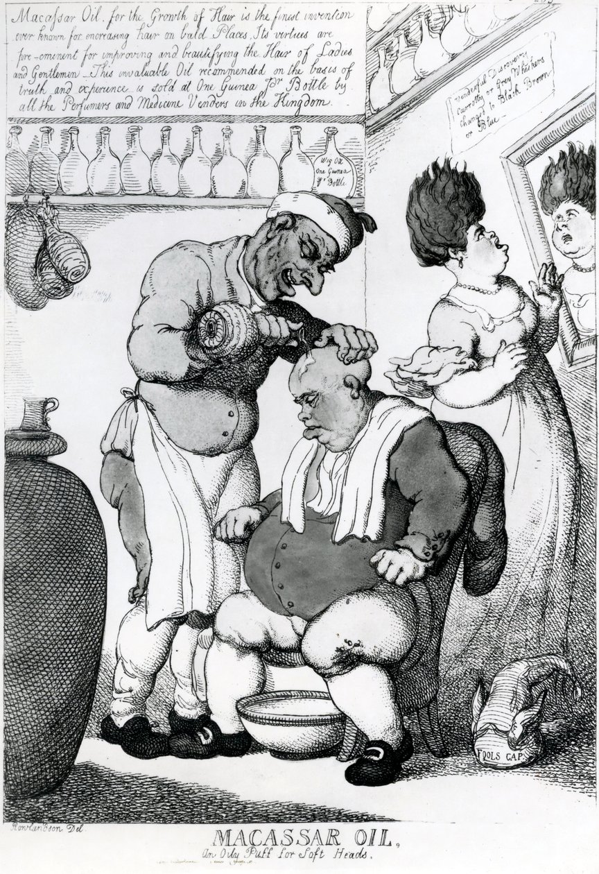 Massacar Oil, en olieagtig pust til bløde hoveder, 1814 af Thomas Rowlandson