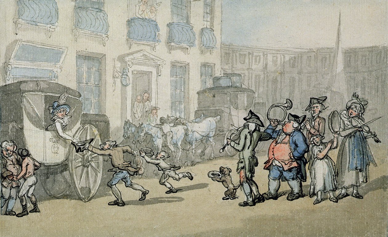 Matthew Brambles rejse til Bath: Ankomst til Bath (wc, pen og blæk og blyant på papir lagt på opklæbning) af Thomas Rowlandson