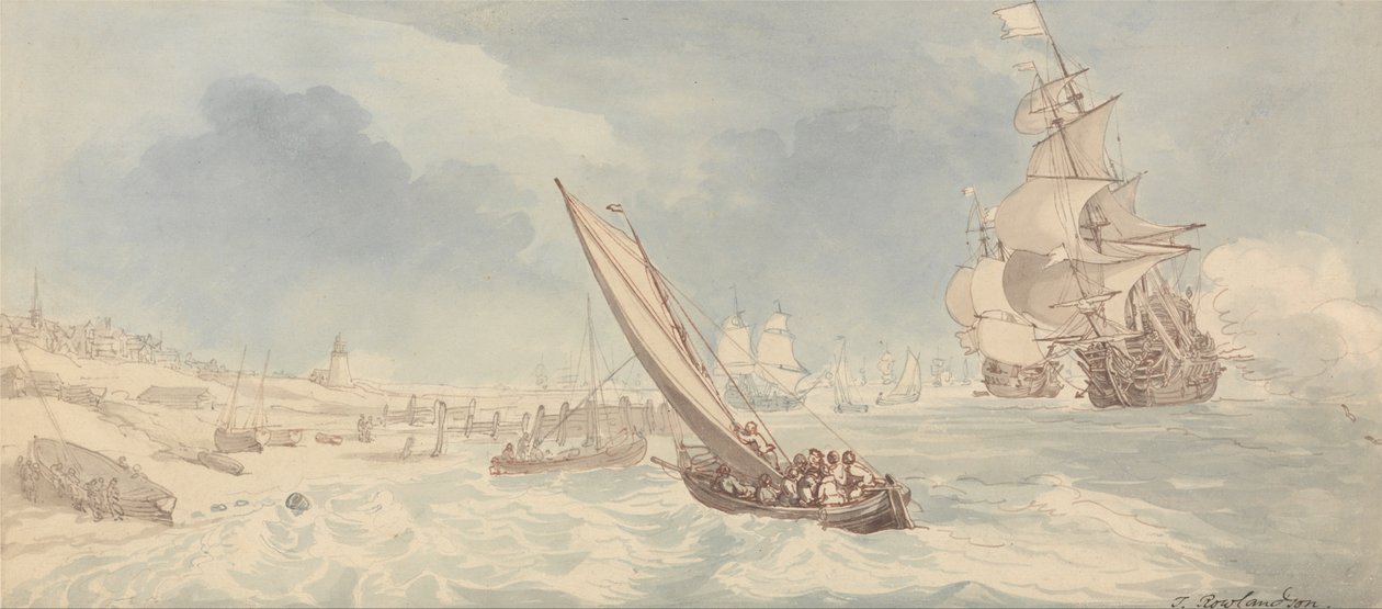 Krigsmænd og sejlbåde tæt på en strand af Thomas Rowlandson