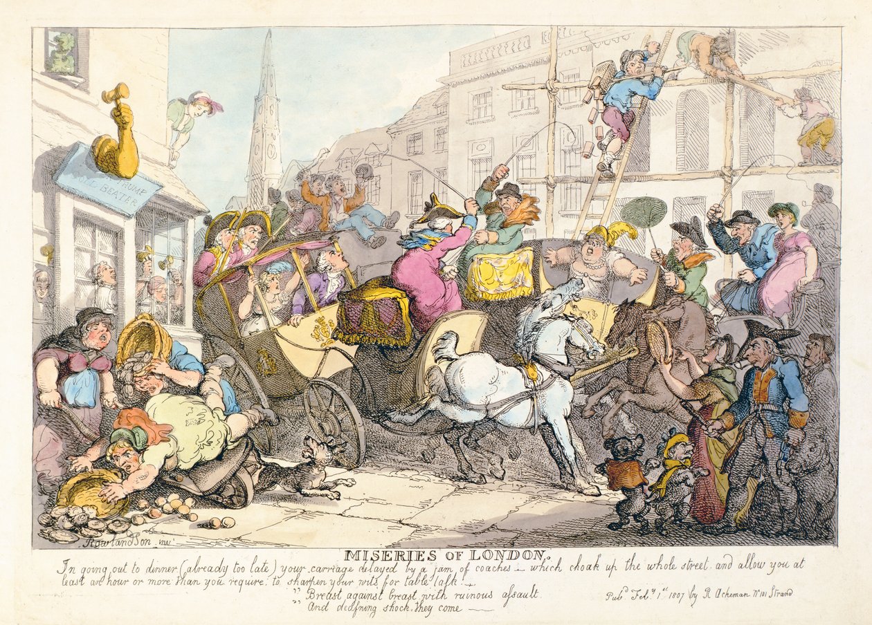 Miseries of London: Bryst mod bryst med ruinerende overfald og dødbringende chok, de kommer, pub. af Ackermann, 1807 af Thomas Rowlandson