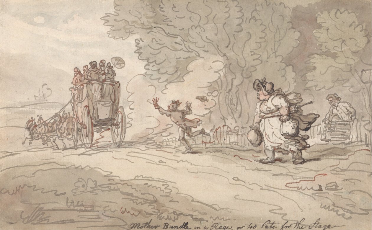Mother Bundle in a Rage eller for sent til scenen af Thomas Rowlandson