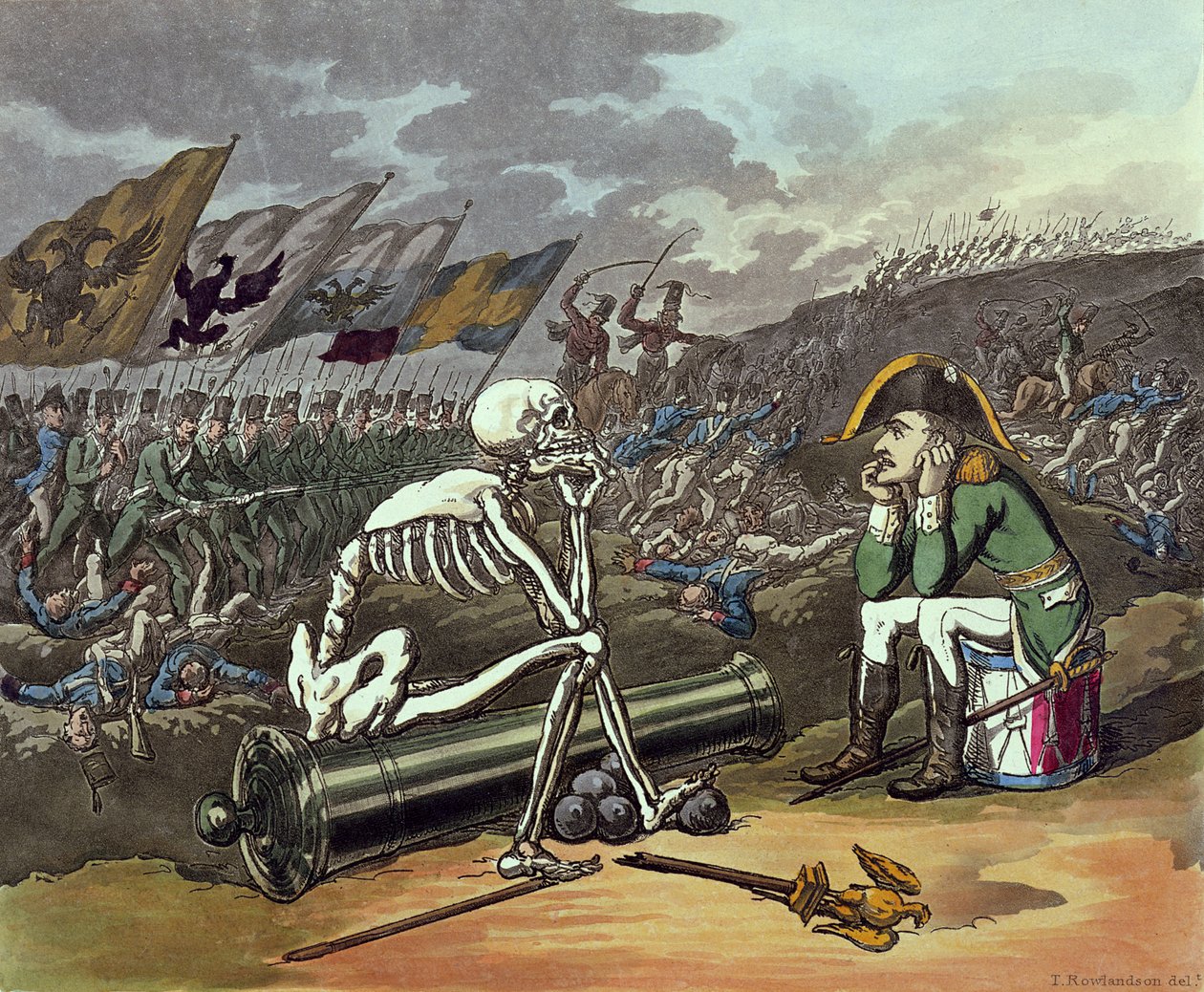 Napoleon og skelet, 18. (farvet litografi) af Thomas Rowlandson