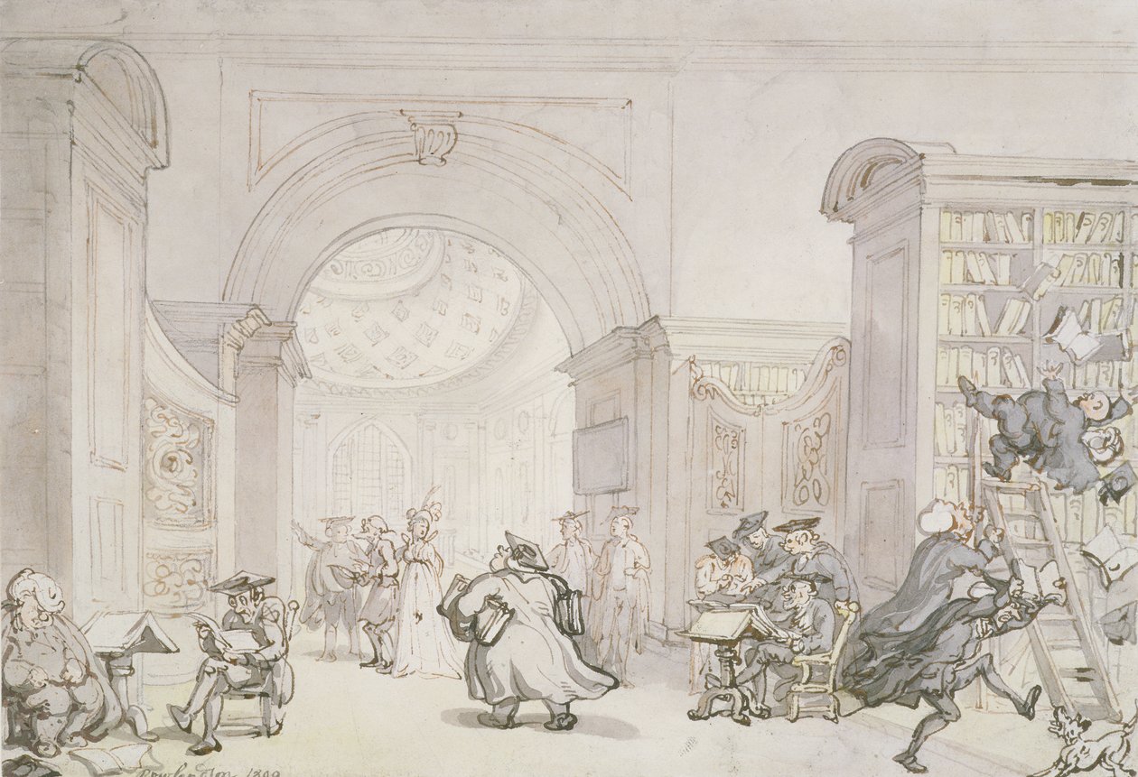 No.0613 The West Room and the Dome Room of Old University Library, Cambridge, 1800 (blyant, blæk og wc) af Thomas Rowlandson