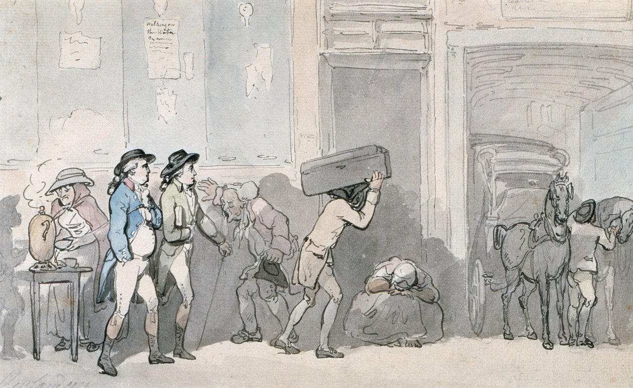 Rowlandson og Wigstead (1745-93) Ankommer til en kro (pen og gråt blæk og wc på papir) af Thomas Rowlandson