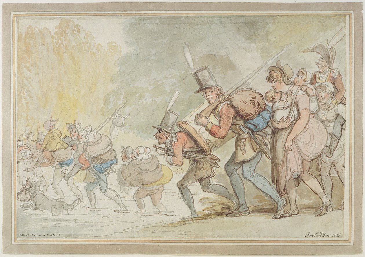 Soldater på en marts, 1805 (pen og blæk og akvarel på papir) af Thomas Rowlandson
