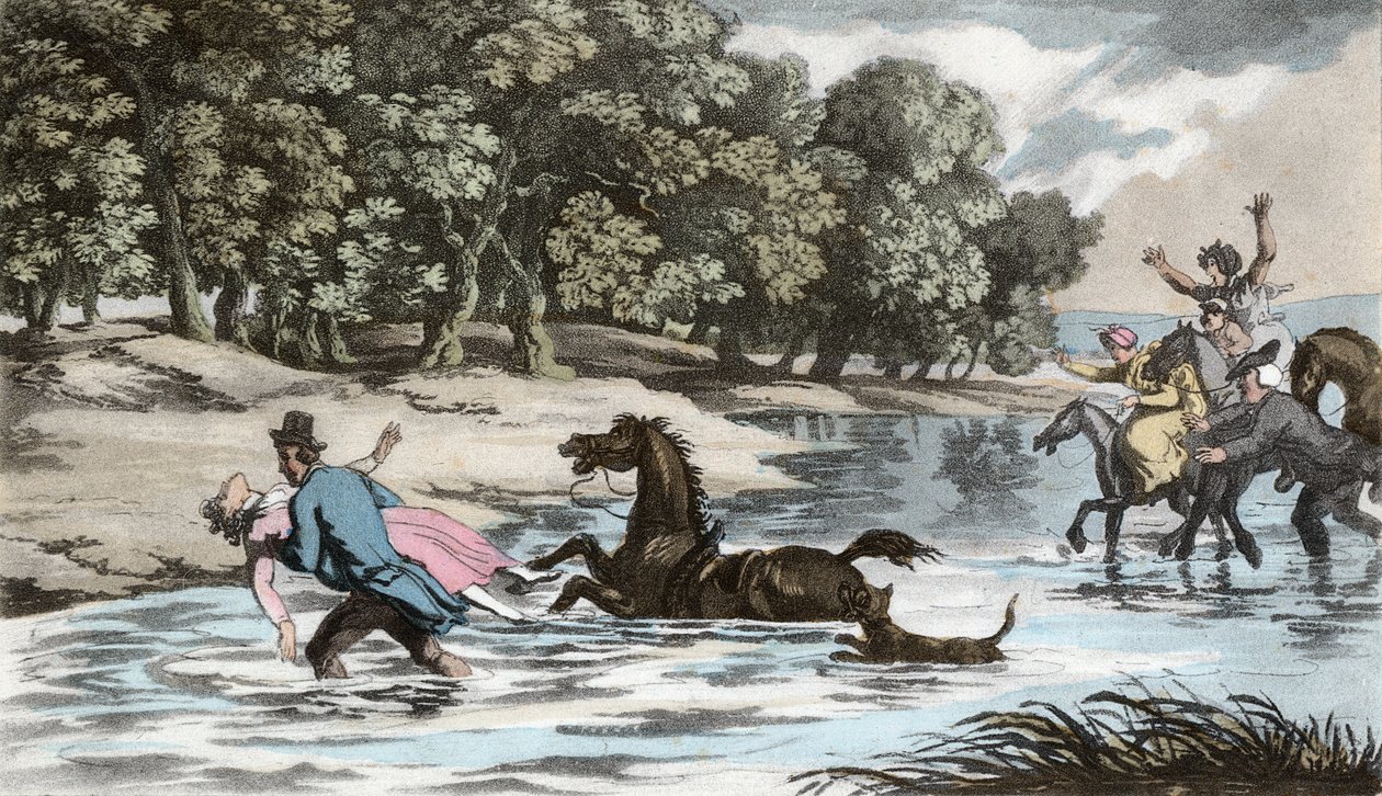 Sophia reddet op af vandet, illustration fra "The Vicar of Wakefield" af Oliver Goldsmith, pub. Ackermann, 1817 (håndkoloreret akvatint) af Thomas Rowlandson