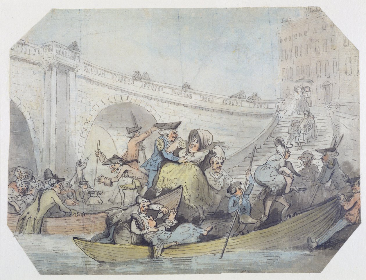 Færgernes ankomst til London Bridge (pen og blæk, wc over grafit på vævet papir) af Thomas Rowlandson