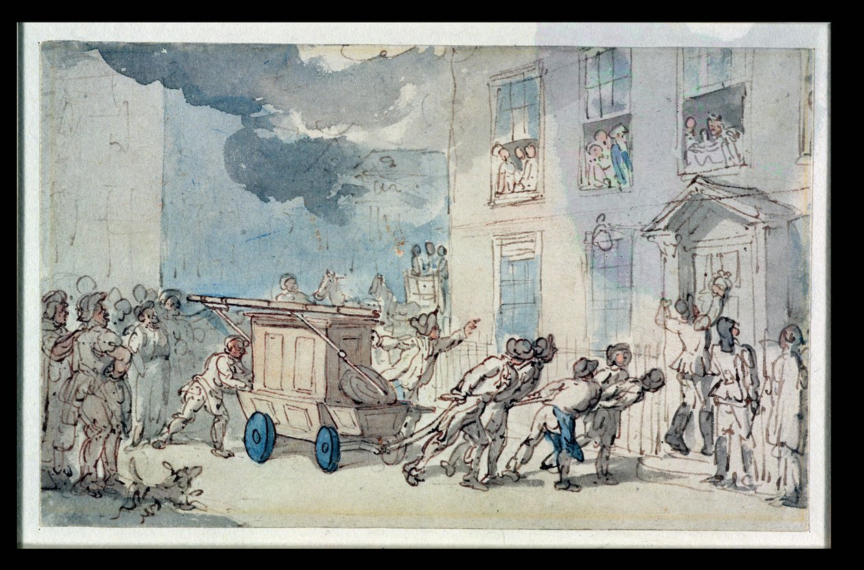 Brandbilens ankomst (wc, pen og blæk, blyant og pastel på papir) af Thomas Rowlandson