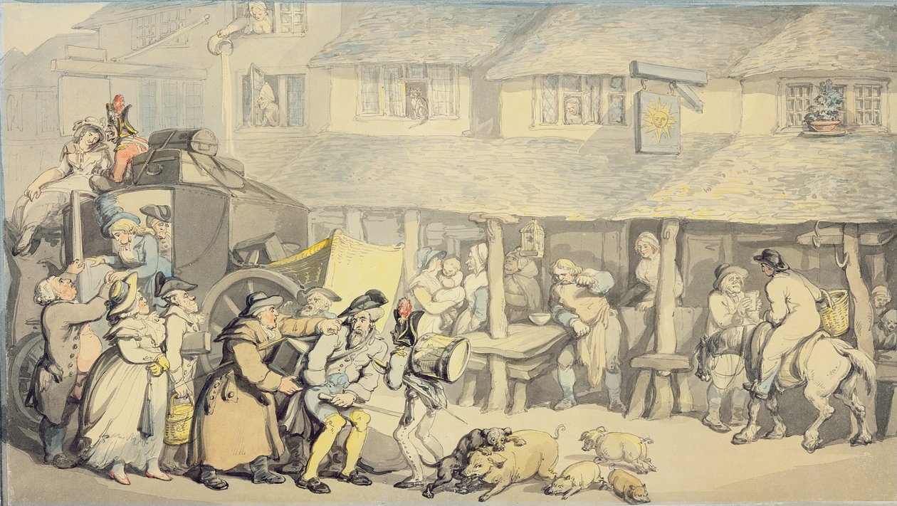 Scenetrænerens ankomst til Sun Inn, Bodmin, Cornwall (wc og pen og sort blæk over grafit på papir) af Thomas Rowlandson