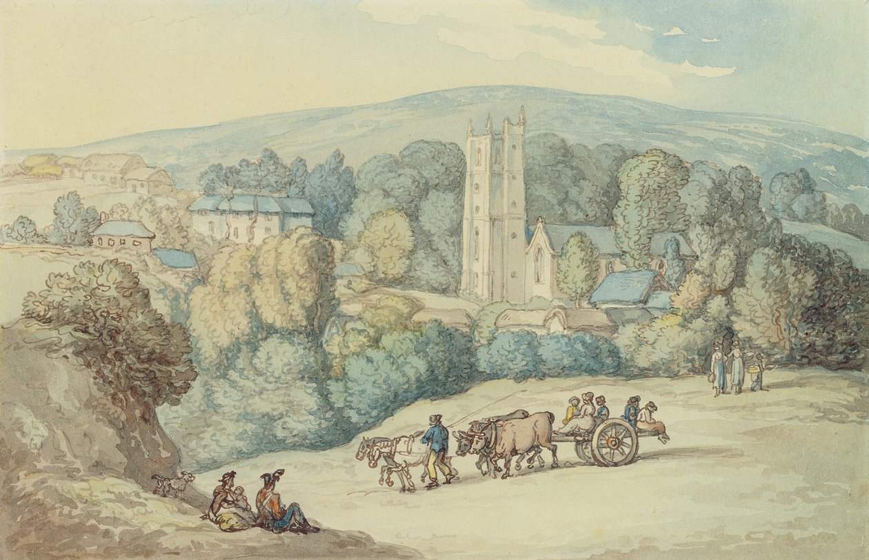 Kirken og landsbyen St. Cue, Cornwall, ca. 1812 (pen og blæk og wc på grafit på papir) af Thomas Rowlandson