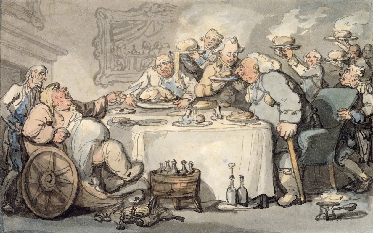 The Comforts of Bath: Gouty Gourmand til middag (wc på papir) af Thomas Rowlandson