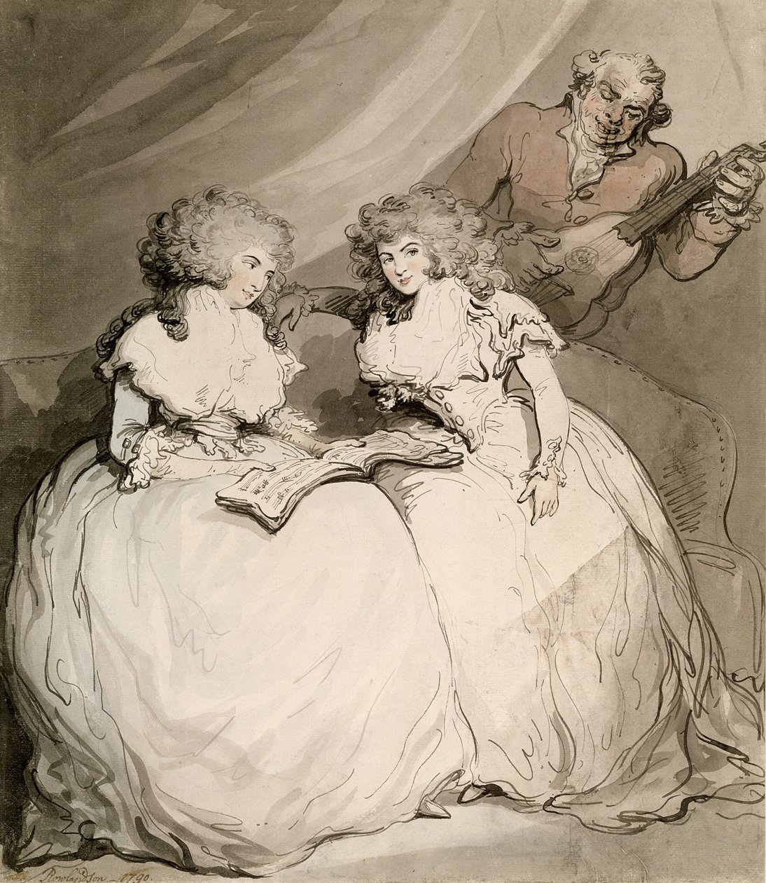 Hertuginden af Devonshire og hendes søster, grevinden af Bessborough (wc med pen og sort blæk over blyant på papir) af Thomas Rowlandson