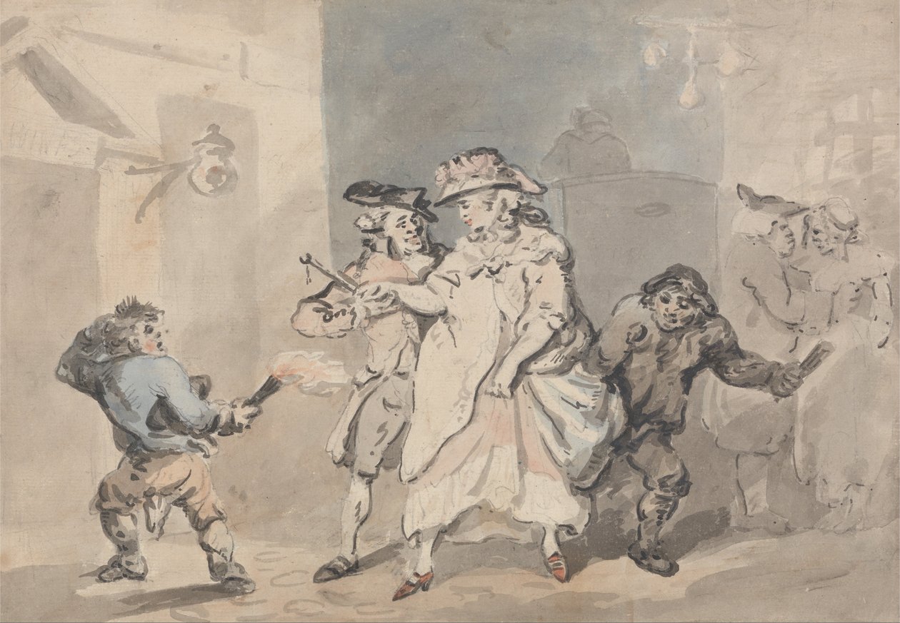 Kro -døren (En mand eskorteret af to link -drenge til en dør til venstre) af Thomas Rowlandson
