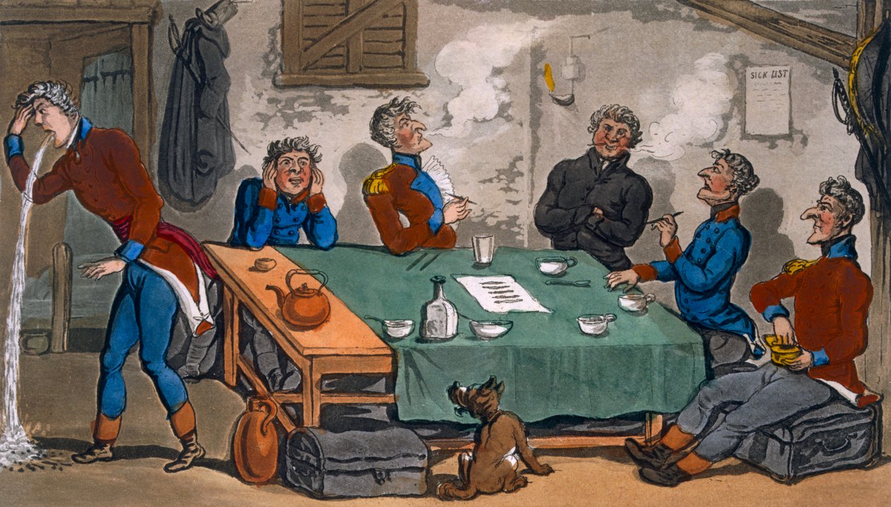 Johnny Newcombes militære eventyr med en beretning om hans kampagne på halvøen og i Pall Mall, 1816 (håndfarvet radering og aquatint) af Thomas Rowlandson