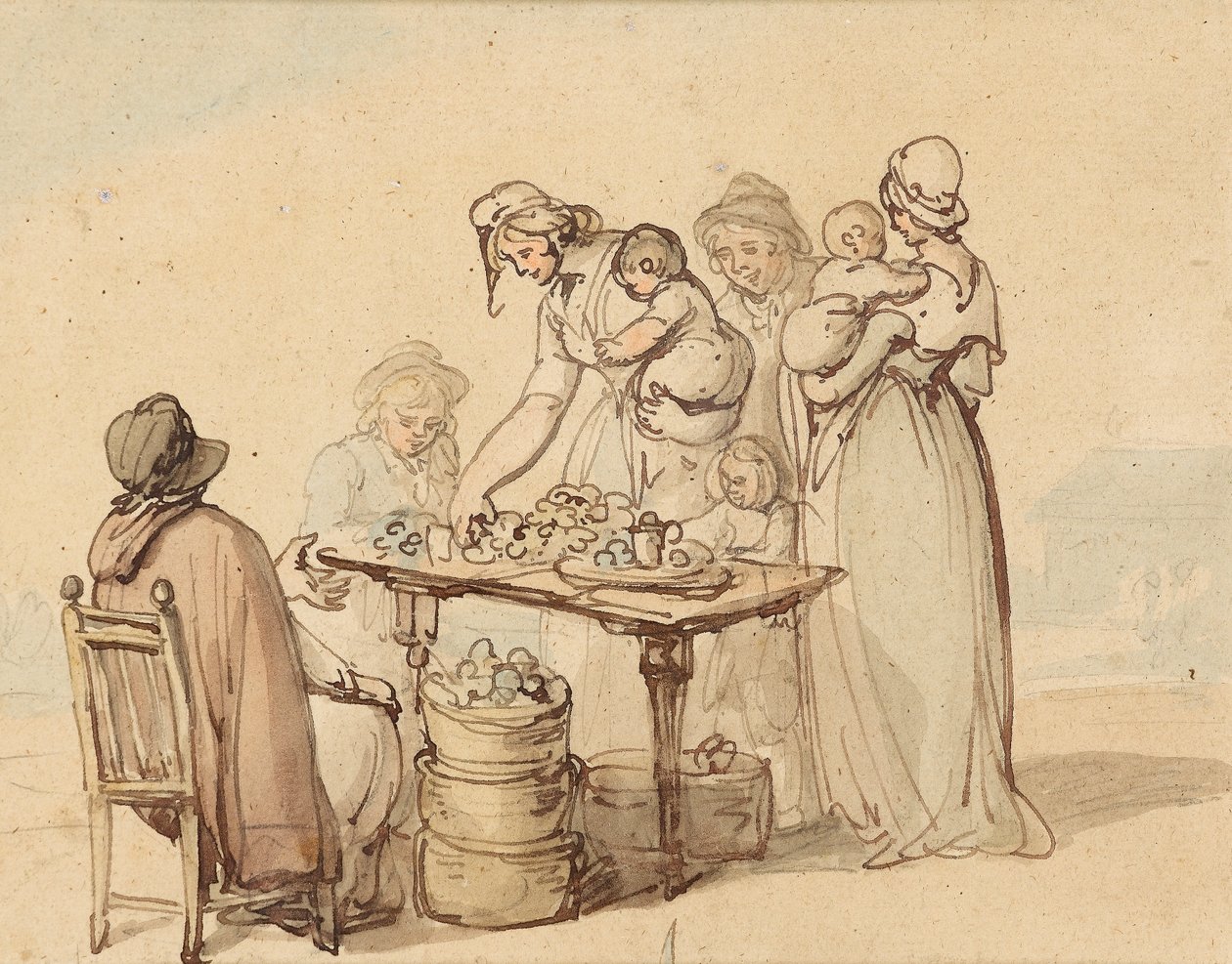 The Oyster Stall (pen & brunt blæk med vask på papir) af Thomas Rowlandson