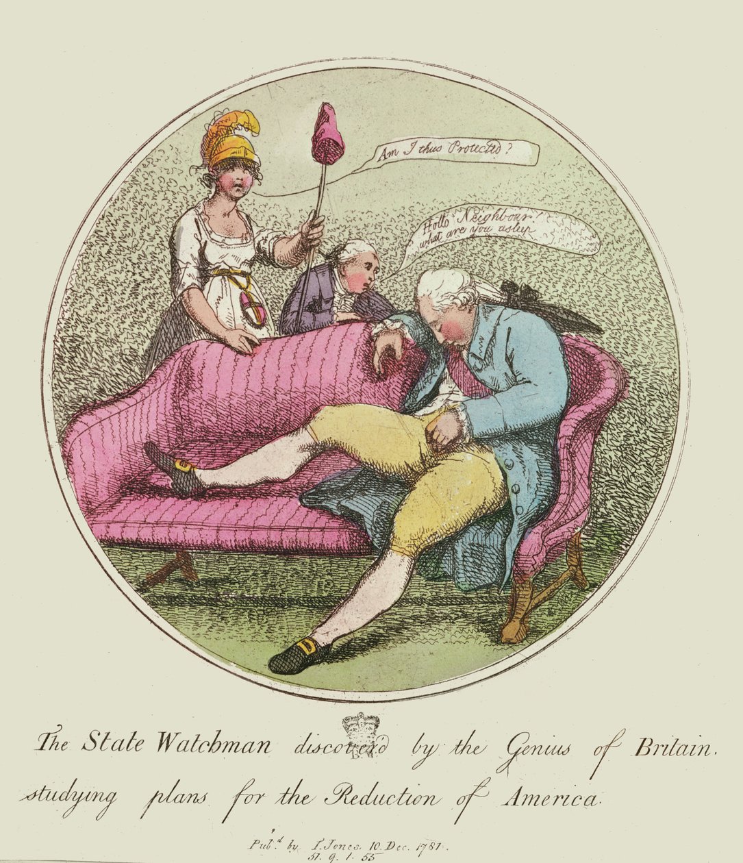 Statsvagten opdaget af briternes geni, studerede planer for reduktion af Amerika, 1781 (farveætsning) af Thomas Rowlandson