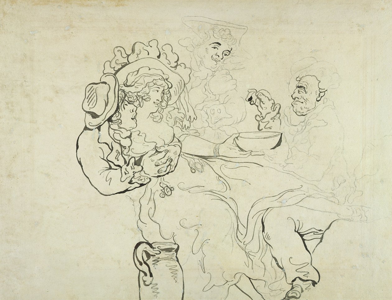 Tre mænd og en kvinde drikker (pen og blæk og wc på papir) af Thomas Rowlandson