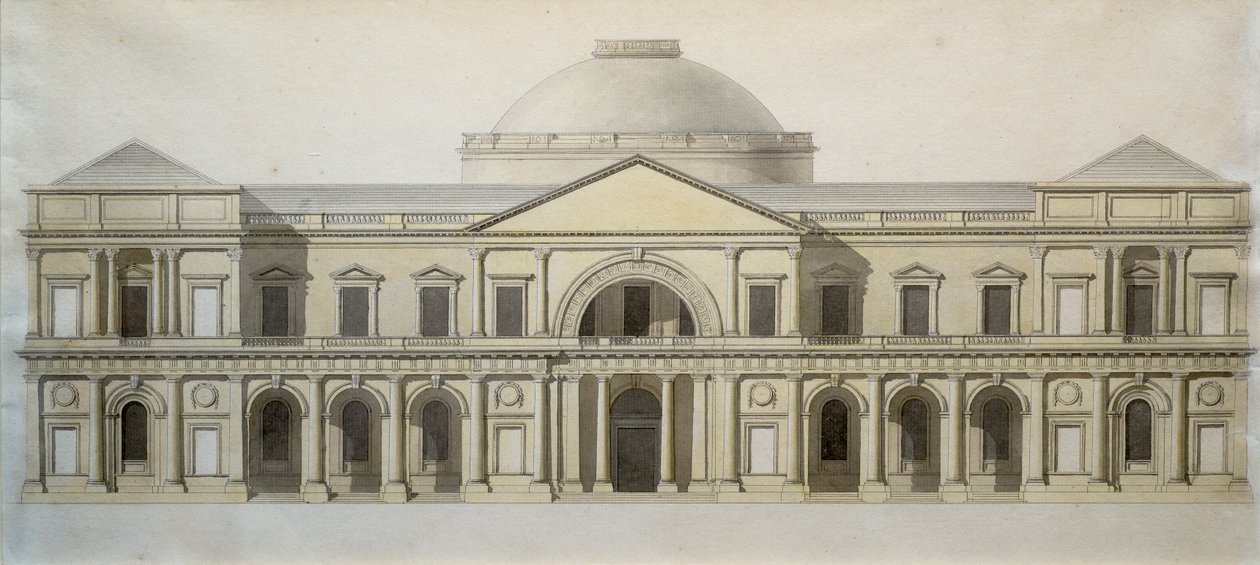 Konkurrencedesign til Royal Exchange-bygningen i Dublin, ca. 1769 (pen & blæk med farvet vask på papir) af Thomas Sandby