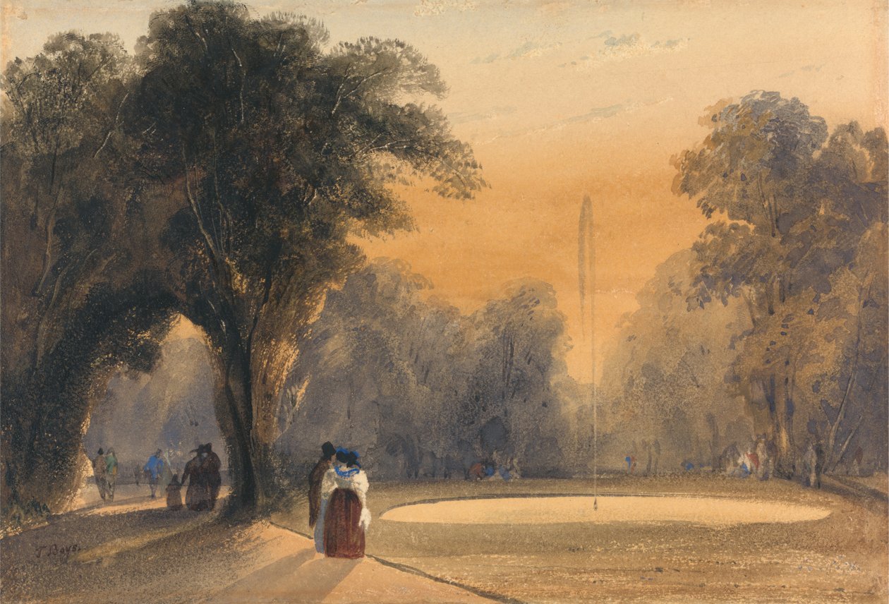 Fountain in the Gardens, Paris, Aften (wc på papir) af Thomas Shotter Boys