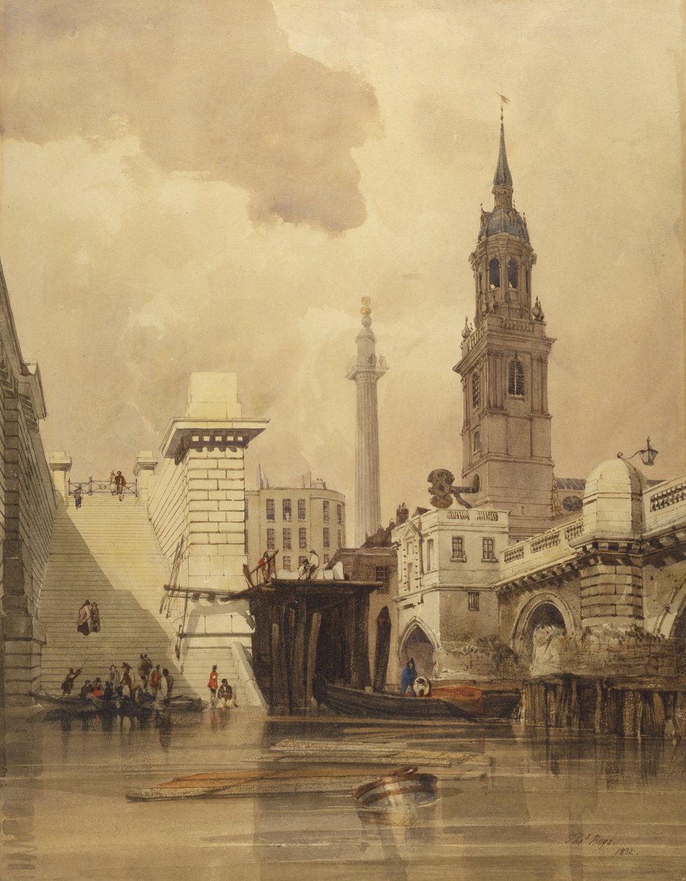 St. Magnus the Martyr Church ved London Bridge, med monument i baggrunden (wc på papir) af Thomas Shotter Boys