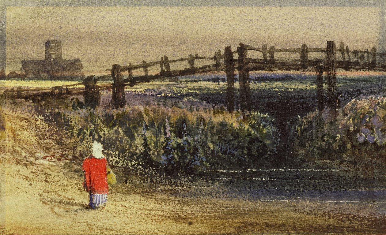 Gangbroen (landskab med rød kappe) (wc og gummi arabicum på papir) af Thomas Shotter Boys