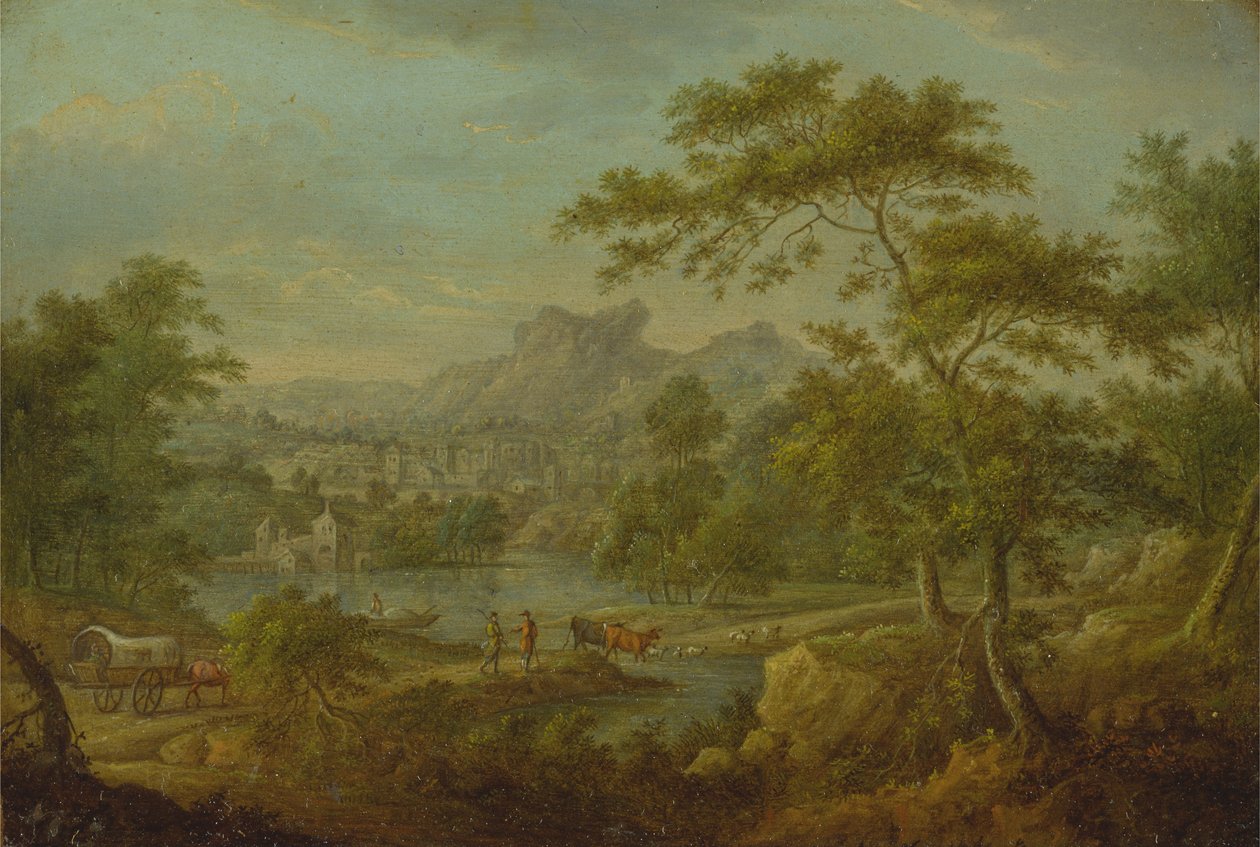 Et imaginært landskab med en vogn og en fjern udsigt over en by af Thomas Smith of Derby