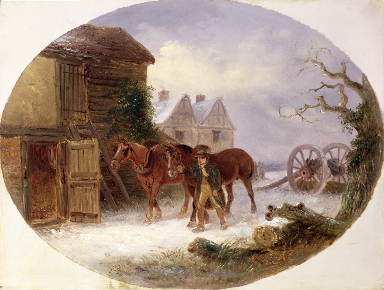 Dreng fører heste til en lade i sneen af Thomas Smythe