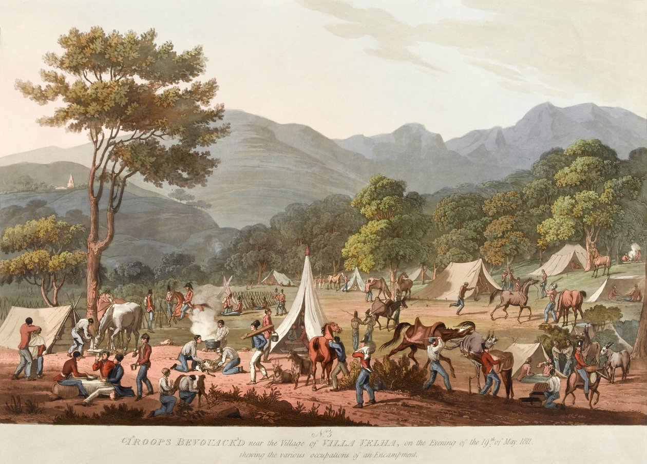 Tropper Bevouack?d [sic] nær landsbyen Villa Velha, om aftenen den 19. maj 1811, viste [sic] de forskellige besættelser af en Emcampment, 1810-11 af Thomas Staunton St. Clair