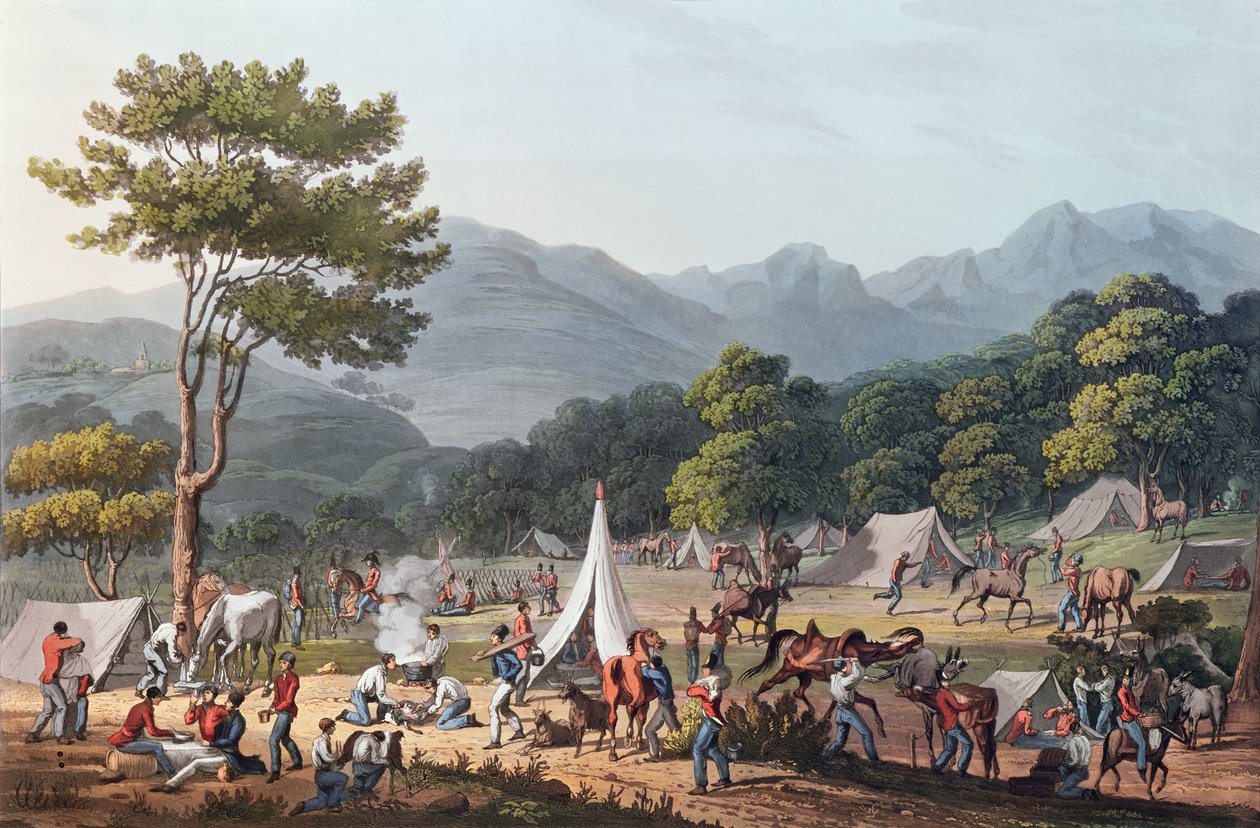 Tropper i bivuak nær Villa Velha, graveret af C. Turner, 19. maj 1811 (farvelitografi) af Thomas Staunton St. Clair
