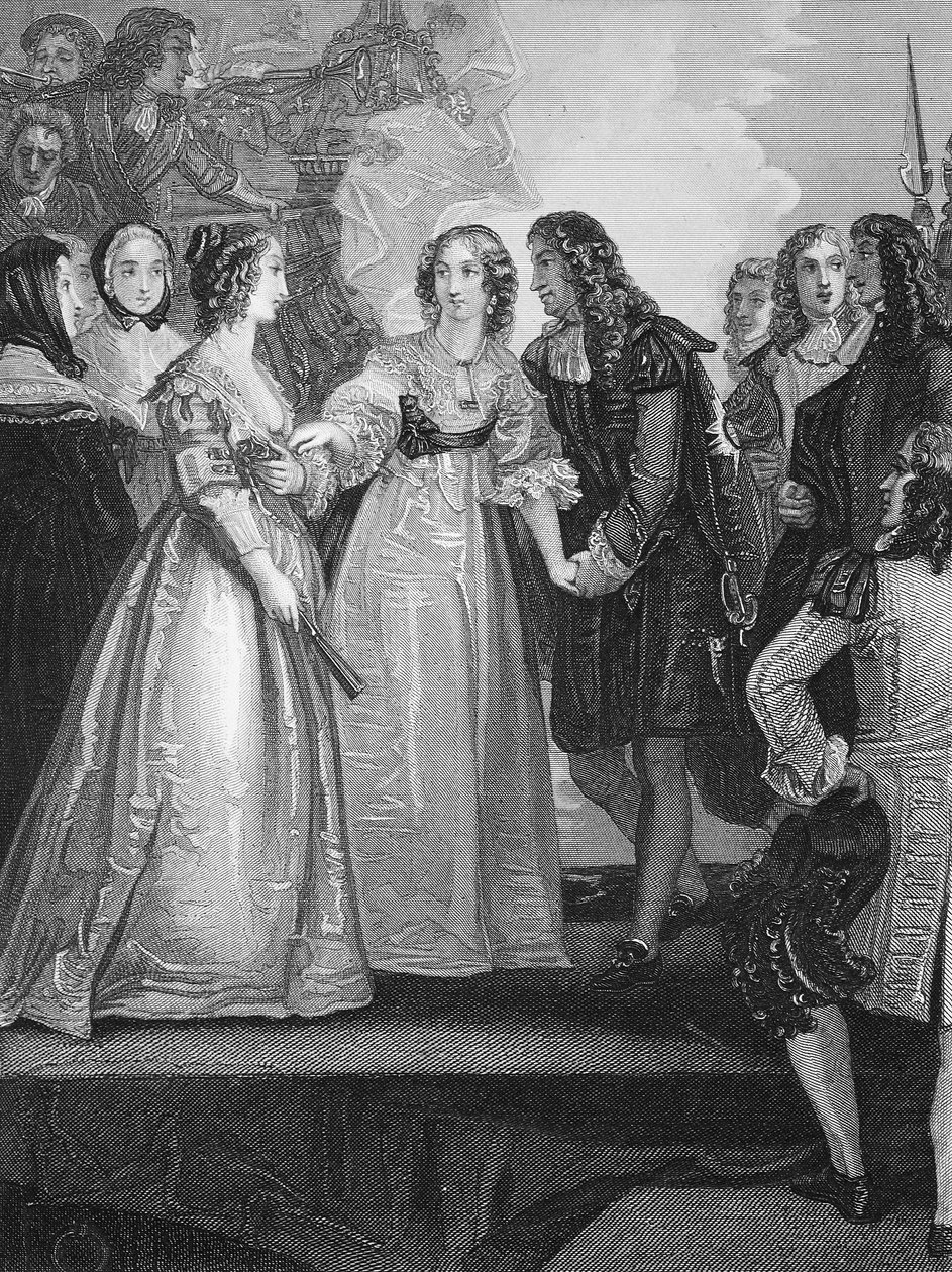 Charles II, der modtager hertuginden af Orleans i Dover, graveret af A.H. Payne af Thomas Stothard