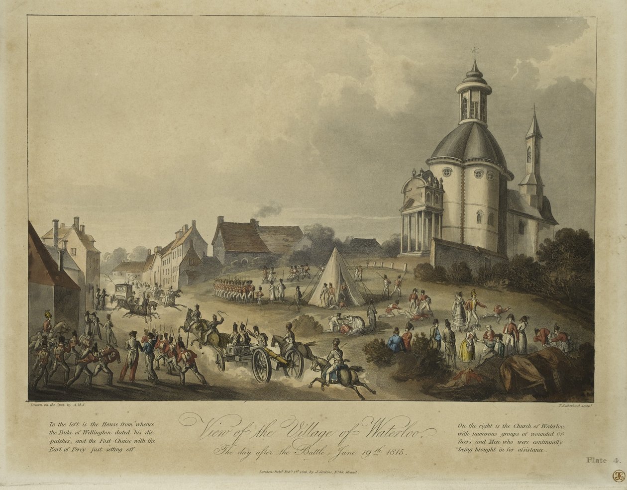 Udsigt over landsbyen Waterloo, dagen efter slaget, 19. juni 1815, efter A.M.S., udgivet af James Jenkins, 1. februar 1816 (farveakvatint) af Thomas Sutherland