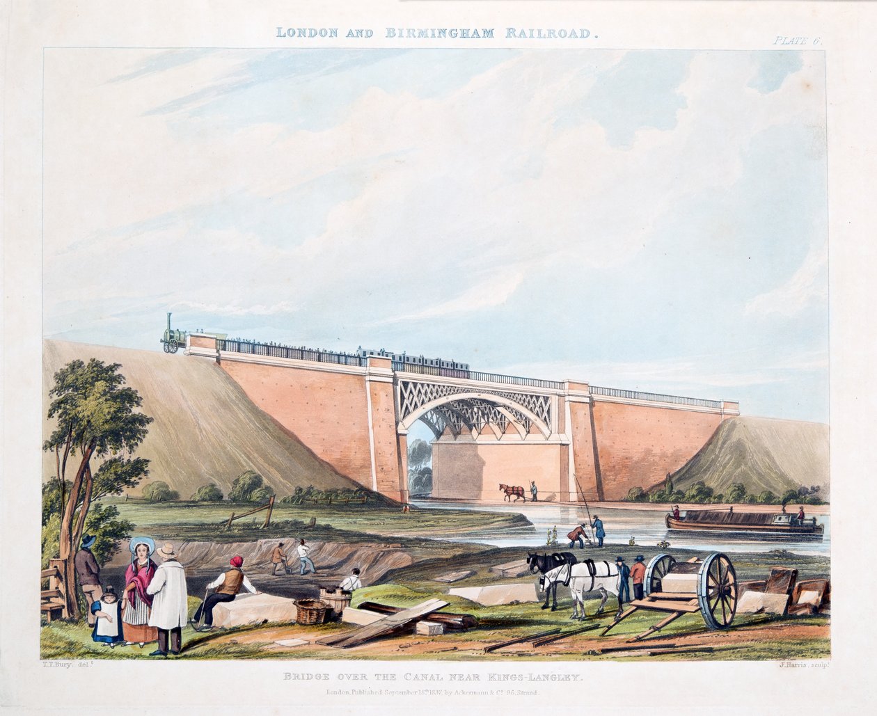Bro over kanalen nær Kings-Langley, 1837 (håndfarvet gravering) af Thomas Talbot Bury
