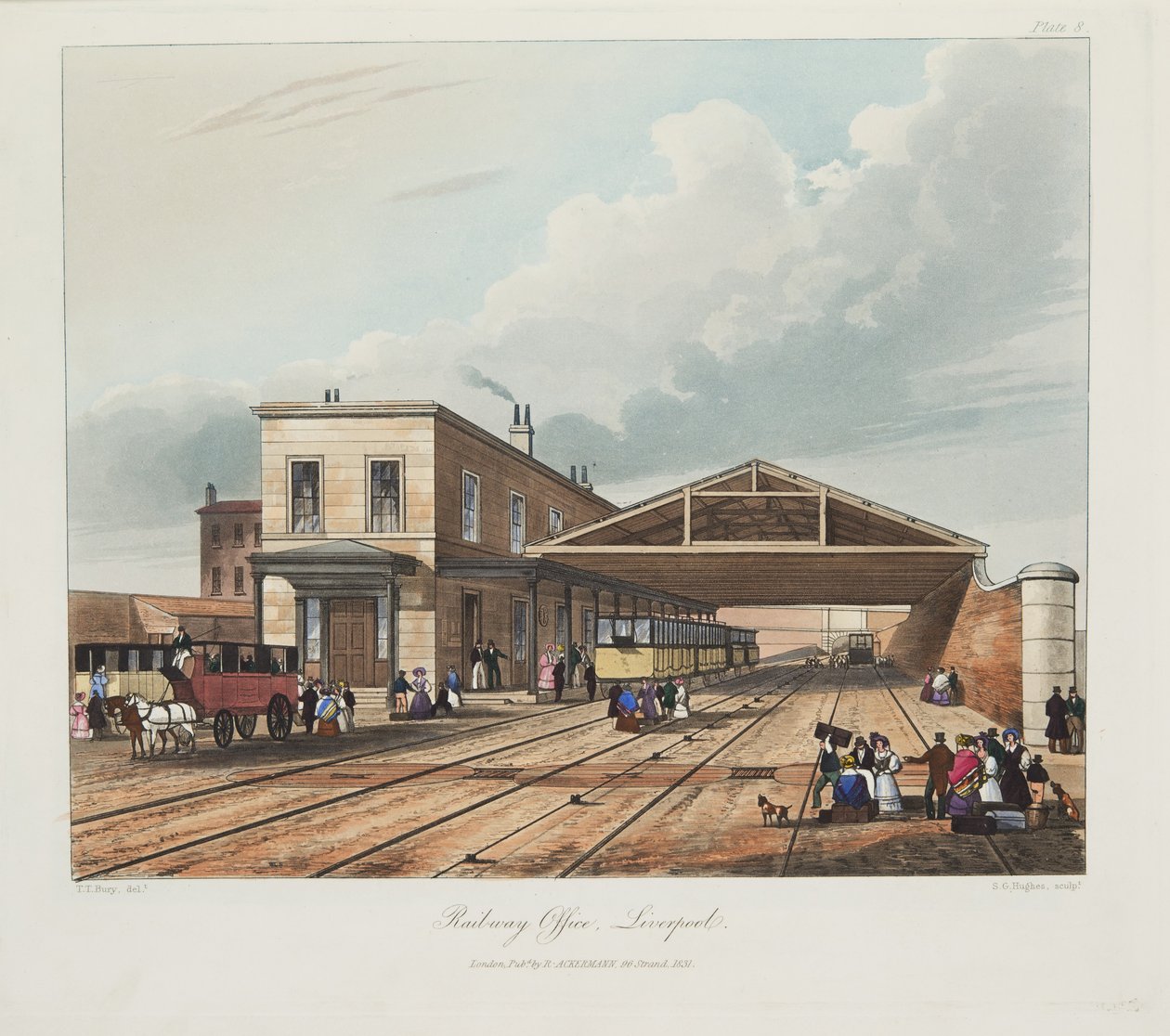 Jernbanekontor, Liverpool, 1831 (håndfarvet gravering) af Thomas Talbot Bury