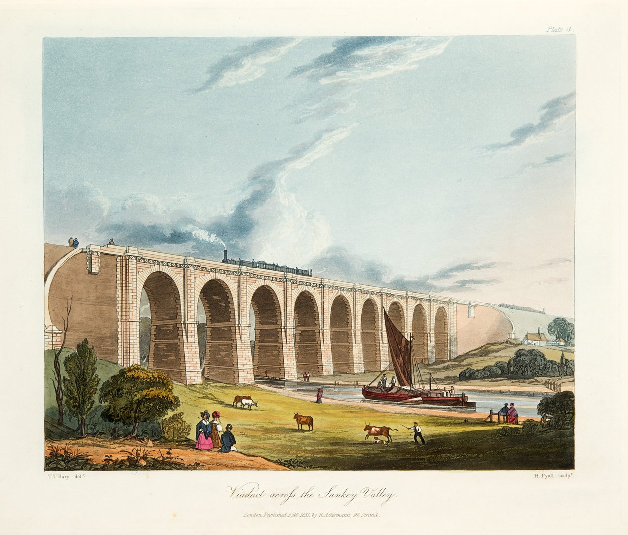 Viadukt over Sankey-dalen, 1831 (håndkoloreret gravering) af Thomas Talbot Bury