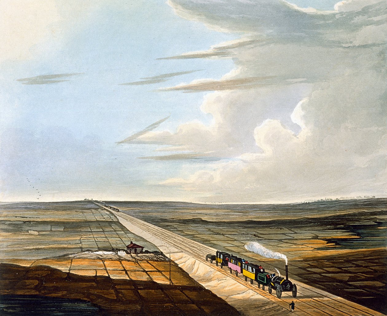 Udsigt over jernbanen på tværs af Chat Moss, plade 5 fra "Coloured View of the Liverpool und Manchester Railway", graveret af H. Pyall, udgivet af Ackermann und Co. i London, udgivet i 1833 af Thomas Talbot Bury