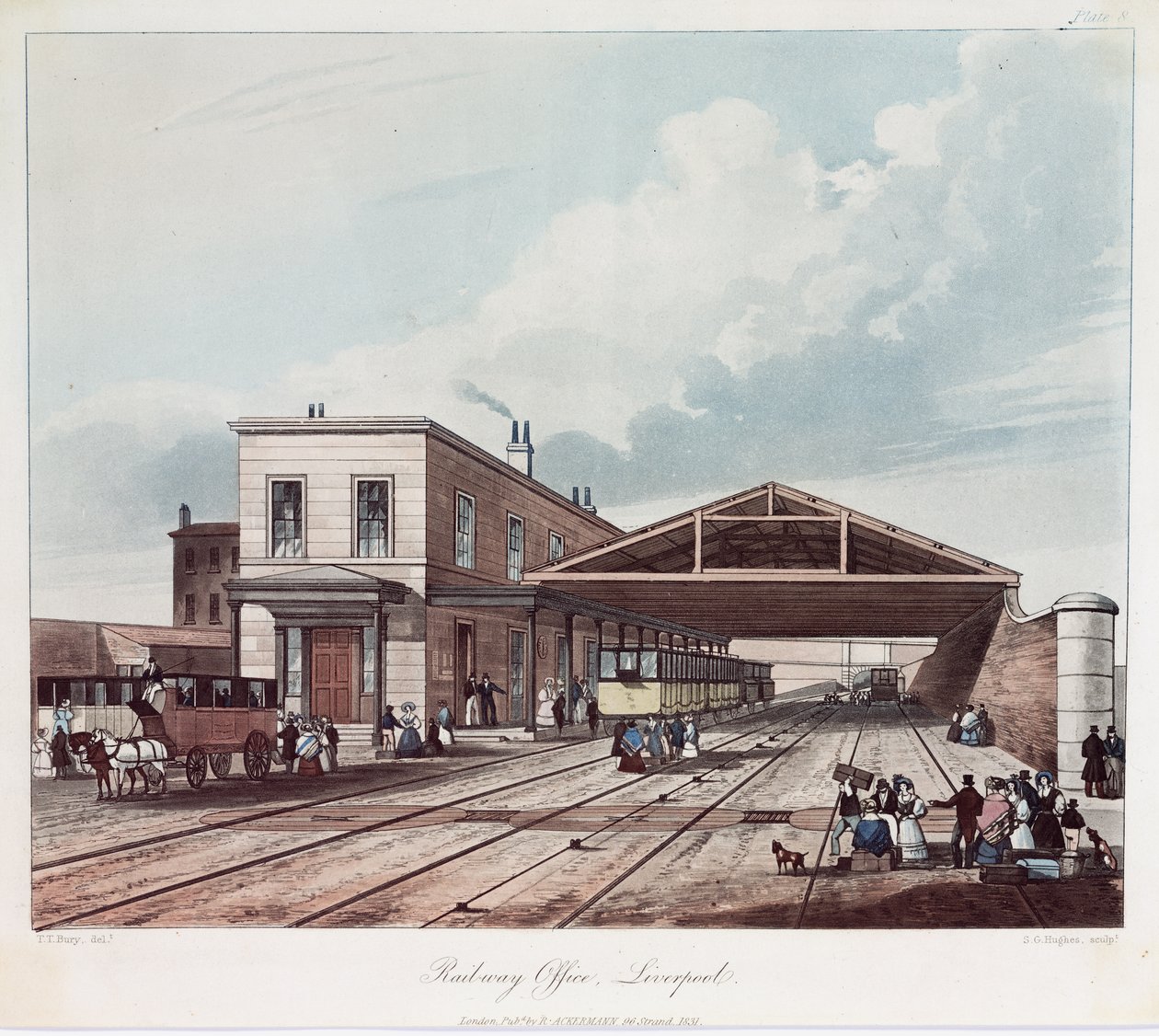 Jernbanekontoret, Liverpool, graveret af S.G. Hughes, 1831 (farvet akvatint) af Thomas Talbot after Bury