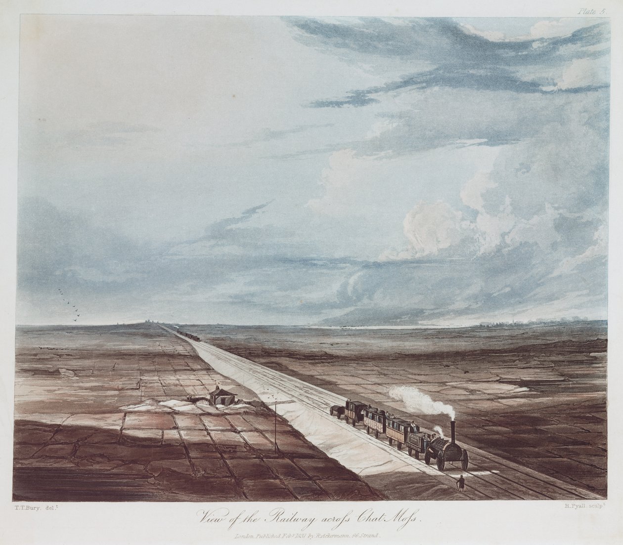 Udsigt over jernbanen over Chat Moss, indgraveret af Henry Pyall (1795-1833) 1831 (farvet aqautint) af Thomas Talbot after Bury