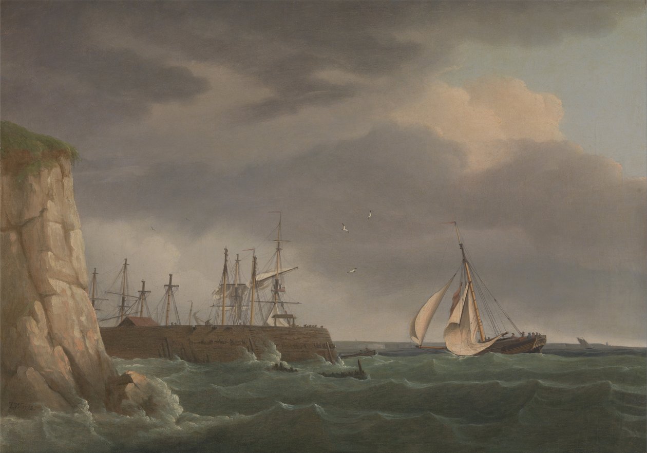 Et skib, der løber ind i havnen med andet håndværk ved en anløbsbro af Thomas Whitcombe