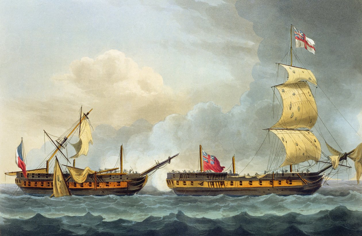 Indtagelse af La Fique, 5. januar 1795, fra "The Naval Achievements of Great Britain" af James Jenkins, graveret af Thomas Sutherland (f.o.1785), udgivet 1816 (håndkoloreret akvatint) af Thomas Whitcombe
