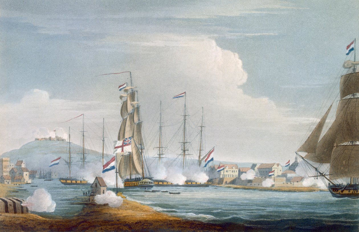 Indtagelse af havnen i Curacoa, Hollandsk Ostindien, graveret af J. Bailey til "The Naval Chronology of Great Britain" af J. Ralfe, udgivet i 1820 af Thomas Whitcombe