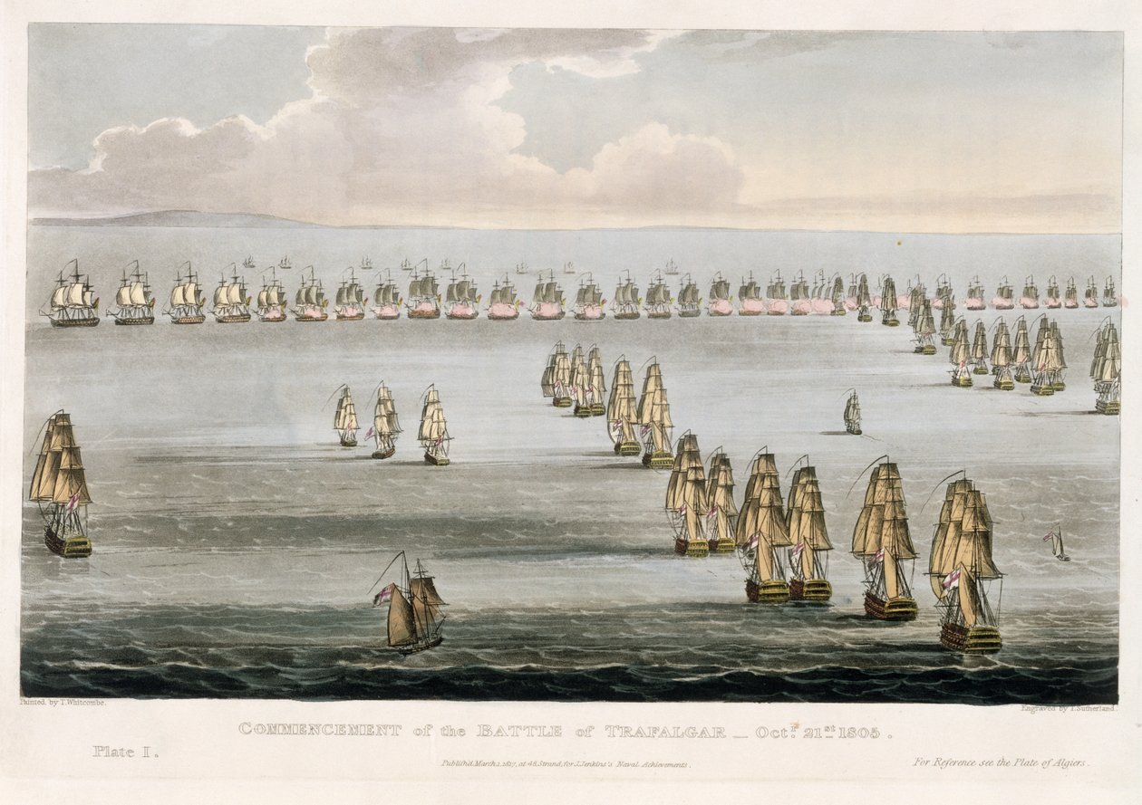 Begyndelsen af slaget ved Trafalgar, 21. oktober 1805, indgraveret af Thomas Sutherland til J. Jenkins 