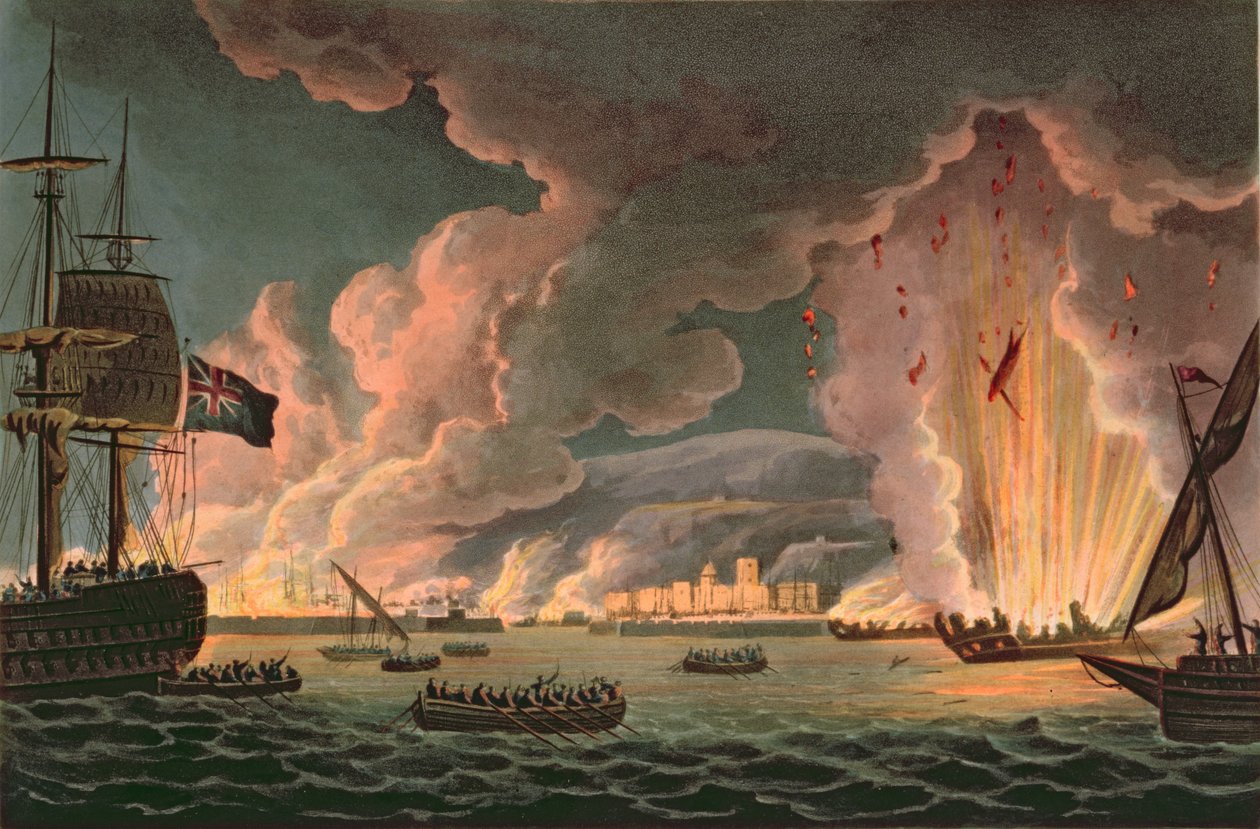 Ødelæggelse af den franske flåde ved Toulon, 18. december 1793, indgraveret af Thomas Sutherland (f.1785) udgivet i 1816 (se også 97232) af Thomas Whitcombe