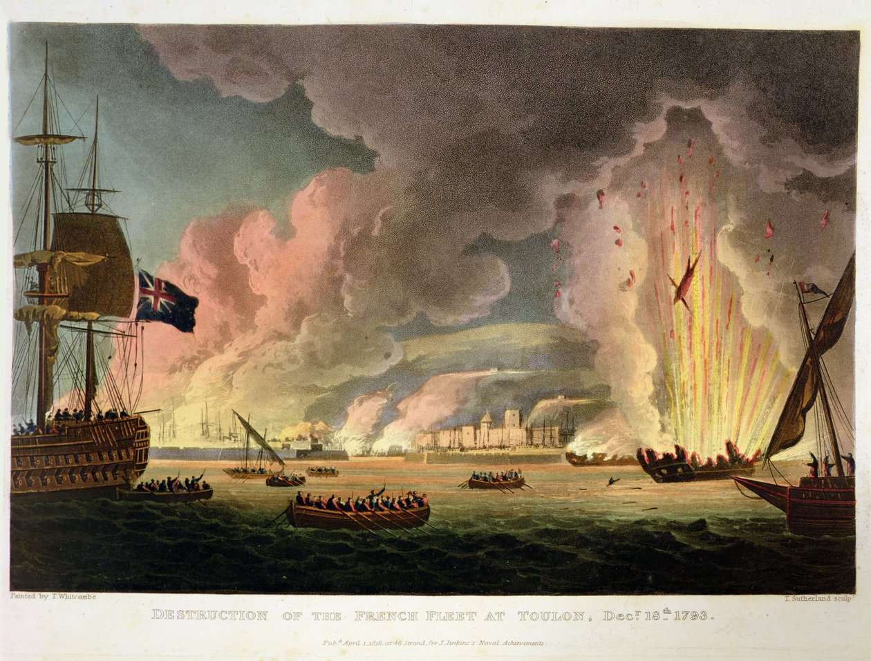 Ødelæggelse af den franske flåde ved Toulon, 18. december 1793, indgraveret af Thomas Sutherland til J. Jenkins 