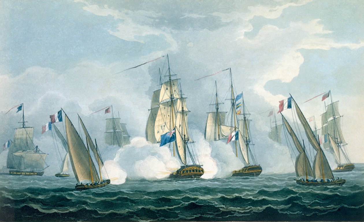 HMS Sirius, kaptajn Rowse i kamp mod en fransk eskadre ud for Tibermundingen, 17. april 1806, graveret af T. Sutherland til "The Naval Chronology of Great Britain" af J. Ralfe, udgivet 1820 (co af Thomas Whitcombe