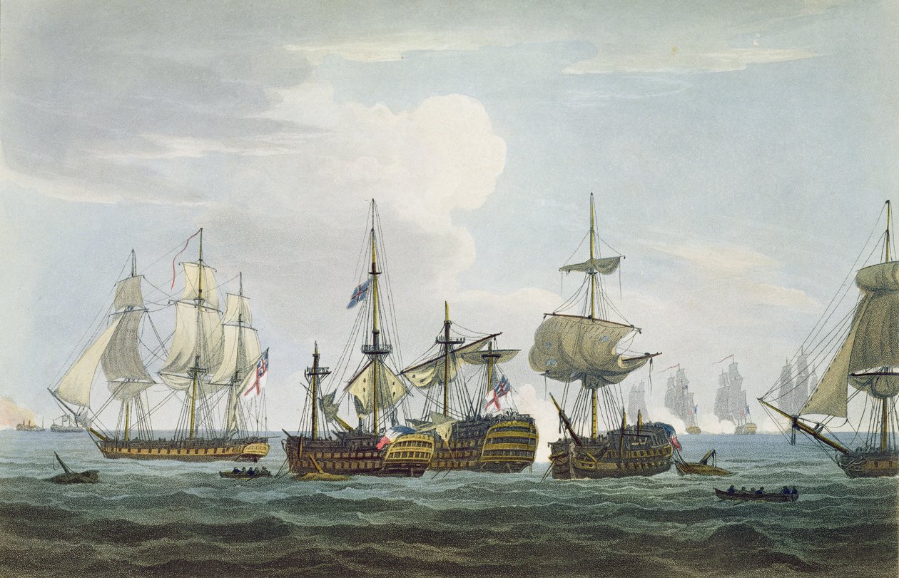 Situationen for HMS Temeraire ved slaget ved Trafalgar den 21. oktober 1805, indgraveret af T. Sutherland for 