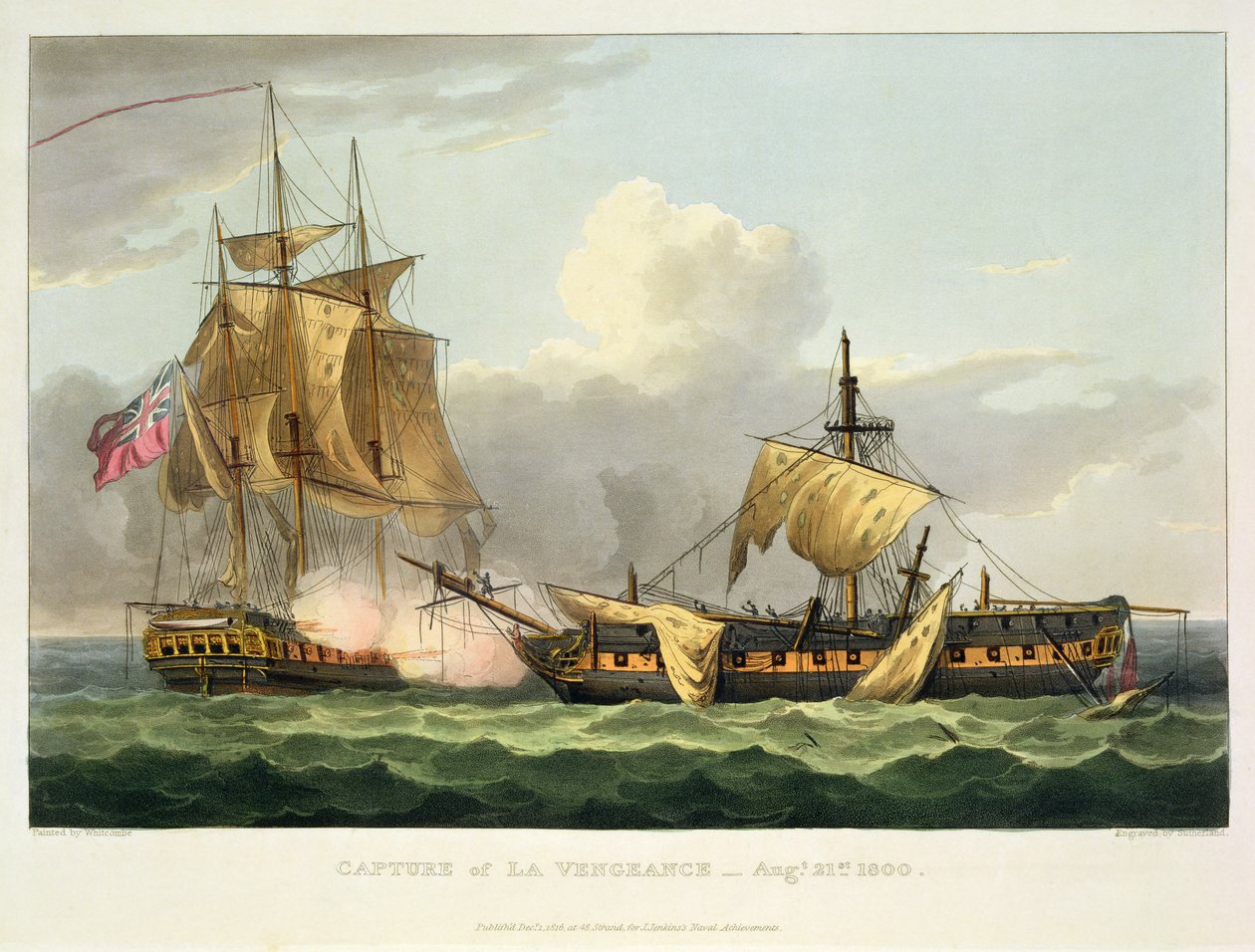 Kapringen af La Vengeance, 21. august 1800, graveret af Thomas Sutherland til J. Jenkins